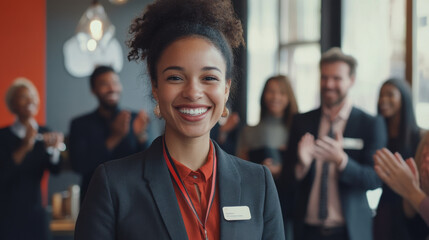 Business woman standing and smiling happily with group of diverse professionals