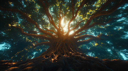 Wall Mural - Beautiful big banyan tree from the surrounding trees, bottom view