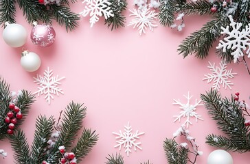 Pink background with white snowflakes, pink Christmas ornaments