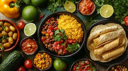 Mexican Food Feast  Tacos  Rice  Salsa  and Limes