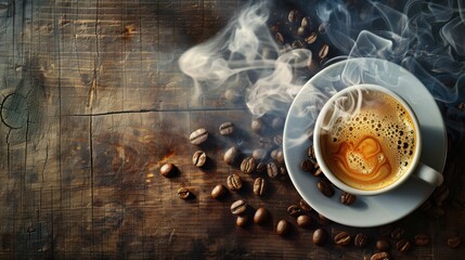 top view of coffee with smoke and bean on wooden table