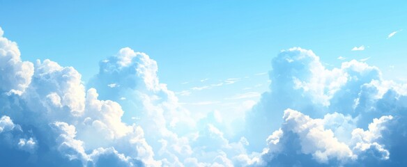 Wall Mural - tranquil blue sky with white clouds and large blank space, simple and clean background for calm atmo