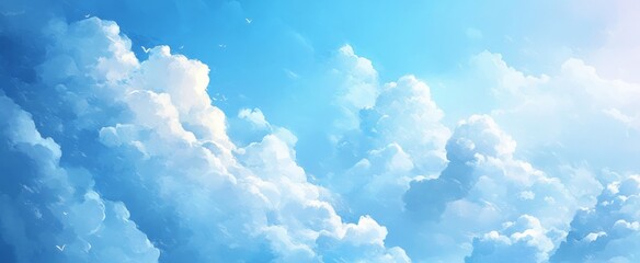 Wall Mural - tranquil blue sky with white clouds and large blank space, simple and clean background for calm atmo