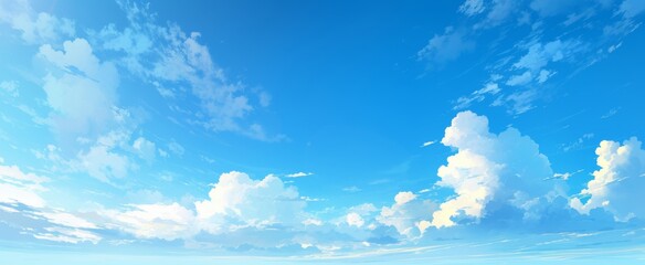 Wall Mural - tranquil blue sky with white clouds and large blank space, simple and clean background for calm atmo