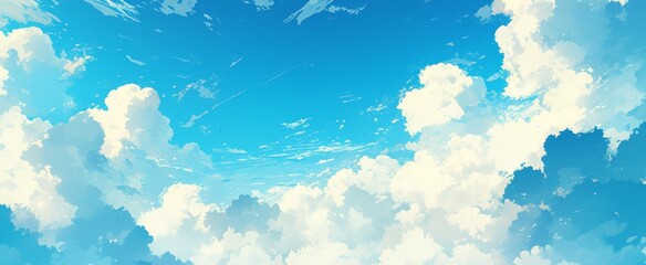Wall Mural - tranquil blue sky with white clouds and large blank space, simple and clean background for calm atmo