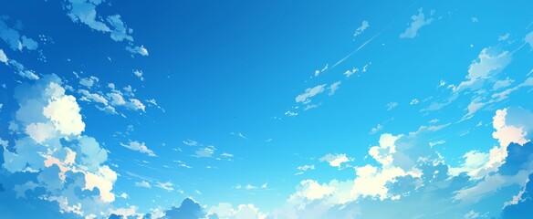 Wall Mural - tranquil blue sky with white clouds and large blank space, simple and clean background for calm atmo