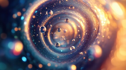 Wall Mural - A spiral of bubbles with a bright orange center. The bubbles are scattered throughout the spiral, with some closer to the center and others further out. Scene is playful and whimsical