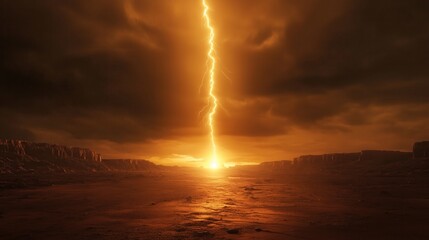 Wall Mural - a lightning bolt is seen in the sky above a desert landscape. the sky is dark and cloudy, and the la