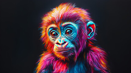 Poster - Dynamic scene of a colorful psychedelic neon colored baby gorilla