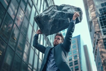 Businessman in a suit lifting a large rock in a city, symbolizing strength, resilience, and overcoming challenges in the corporate world.