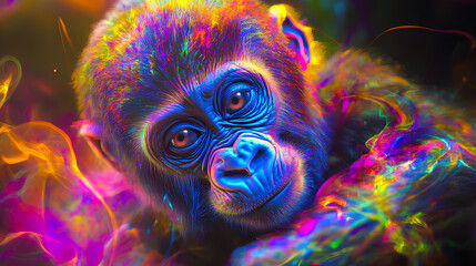 Poster - Dynamic scene of a colorful psychedelic neon colored baby gorilla