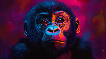 Poster - Close up of a colorful, psychedelic neon colored baby gorilla