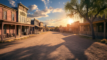classic wild west town with vintage buildings deserted streets and a warm sunset casting long shadow