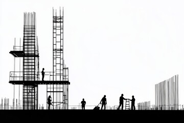 Silhouettes of construction workers building a structure, with a white background.