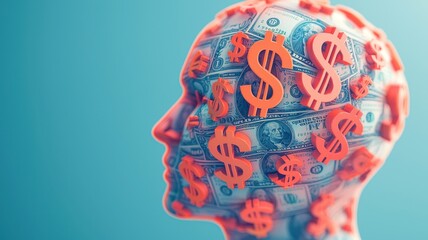 A creative representation of a head filled with dollar bills and symbols, illustrating the concept of finance and wealth.