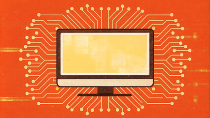 Flat vector illustration of a blank computer monitor with a circuit board inside, suitable for technology, display, or web design concepts
