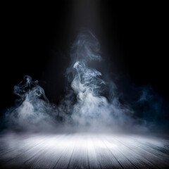 White smoke or fog flow on floor. Large mist in dark room on black background. Smoke on stage studio