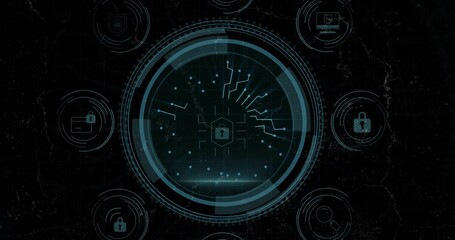 Poster - Digital security interface with circuit board animation over dark background