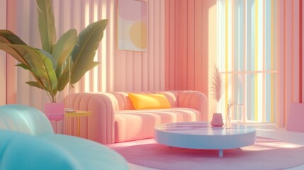 Wall Mural - Colorful living room that Pastel color with sofa and room decoration. 3D rendering