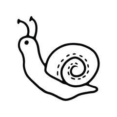 Wall Mural - A playful black and white outline illustration of a snail with expressive eyes and a spiral shell.