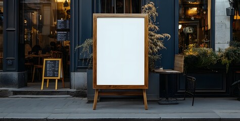 A frame sign outside a cafe, a mockup with a blank white board for advertising and promotion in front of the street