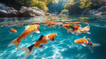 Wall Mural - golden koi fish in beautiful water Cinematic background