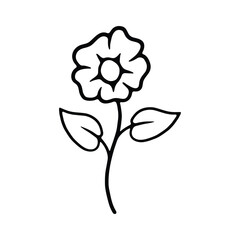 Wall Mural - A black and white hand-drawn illustration of a simple flower with a stem and two leaves.