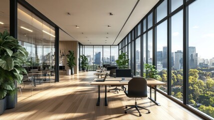 Spacious sunlit coworking office with wooden work tables and floor, black stylish lamps on light ceiling and city view from panoramic windows. 3D rendering.