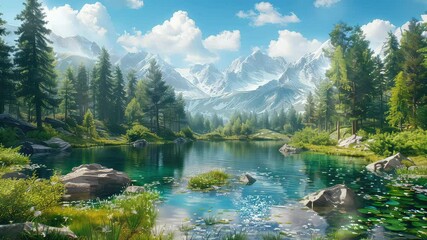 Wall Mural - animation pristine mountain lake surrounded by lush green forest and mountains generated with ai