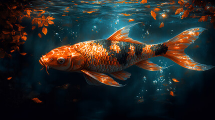 Wall Mural - black gold koi fish in blue water Cinematic background