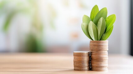 Wall Mural - stacks of coins with growing green leaves representing financial growth and prosperity.