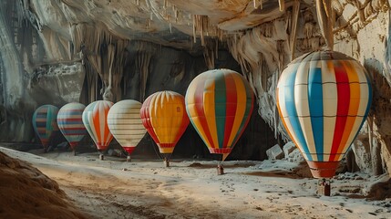 A line of exciting air balloons carefully positioned on a cave surface