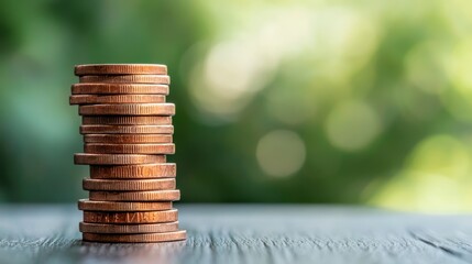 stack of coins on wooden surface with blurred green background, financial success concept, business 