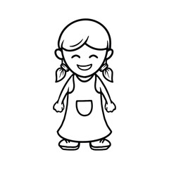 Wall Mural - A charming black and white outline illustration of a young girl with pigtails, smiling brightly.