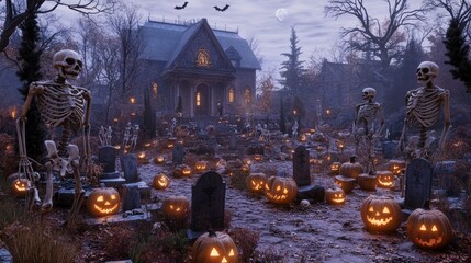 Haunted Mansion Halloween Cemetery with Jack o Lanterns and Skeletons