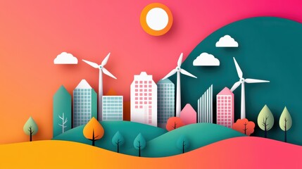 Sticker - A colorful illustration of a sustainable city, with wind turbines, solar panels, and green spaces.