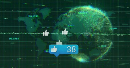 Poster - Social media likes animation over digital globe and world map background