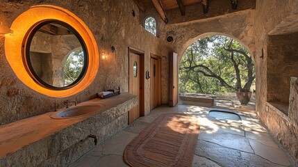 Wall Mural - Bathroom with a minimalist design featuring a vanity made from recycled materials and a mirror framed with reclaimed wood energy-efficient water fixtures are installed while natural stone tiles cover