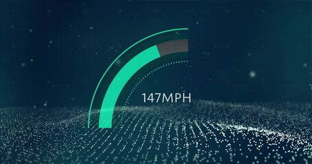 Wall Mural - Speedometer animation showing 131 MPH over digital landscape with glowing dots