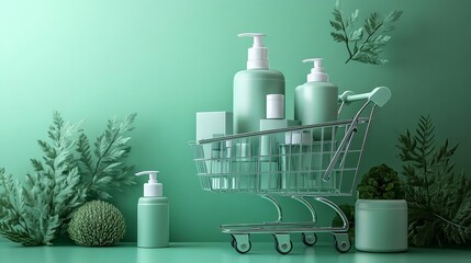 Green beauty products in a mini shopping cart on a green background.