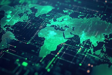 an abstract world map composed of digital code, layered with financial charts and graphs in bright g