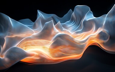 Abstract glowing blue and orange flowing fabric on black background.