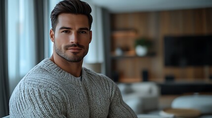 Wall Mural - Handsome man posing in modern living room