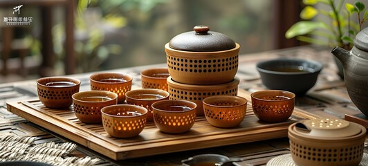 a group of brown bowls on a wooden surface. 