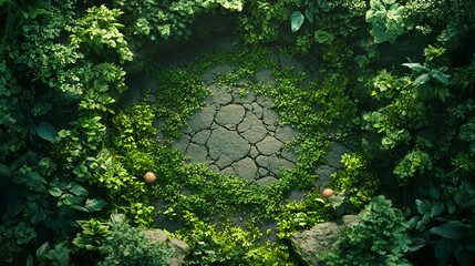 Wall Mural - Lush green forest area, forest mushroom fairy circle top down view