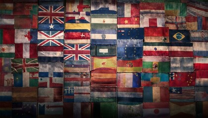 flags of the world in the box, set of colorful screens, wallpaper screen isolated on white, set of icons, country flag on wooden background, wall decorated with distressed and worn-out flags from arou