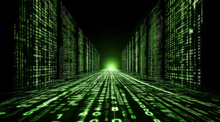 Green binary code networking data matrix streaming tunnel pathway concept background, Futuristic information technology network digital texture