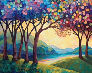 Wall Mural - Oil painting of trees in a serene landscape with vibrant colors and natural beauty