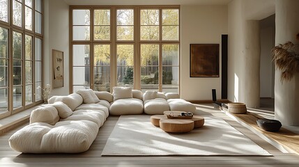 Contemporary Scandinavian living room, soft neutral tones, white and beige palette, minimalist furniture, large windows, sunlight casting gentle shadows, wooden flooring, clean and airy design,