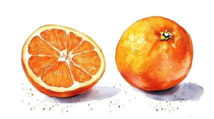 Wall Mural - Whole and half orange fruit hand drawn watercolor illustration on a white background